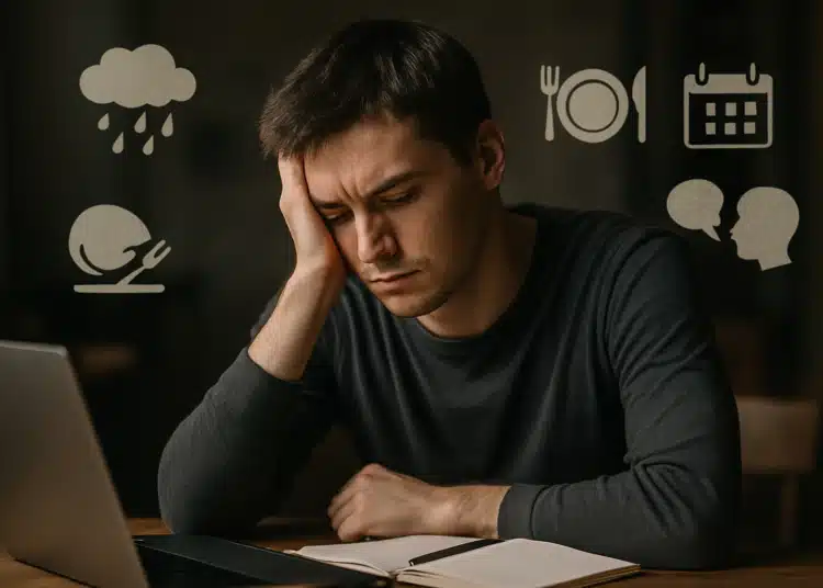 Homem pensativo com ícones de rotina, alimentação e conversa ao redor, indicando preocupação.