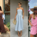 Colagem de três looks femininos para o verão 2026: à esquerda, um vestido longo marrom chocolate com alças finas; ao centro, um vestido midi azul pastel tomara que caia; à direita, um conjunto de colete e short rosa chiclete com chapéu de palha.