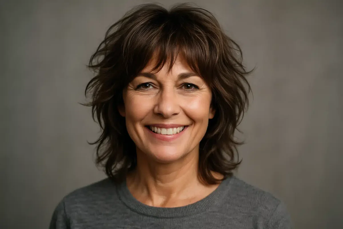 Mulher de meia-idade sorrindo para a câmera