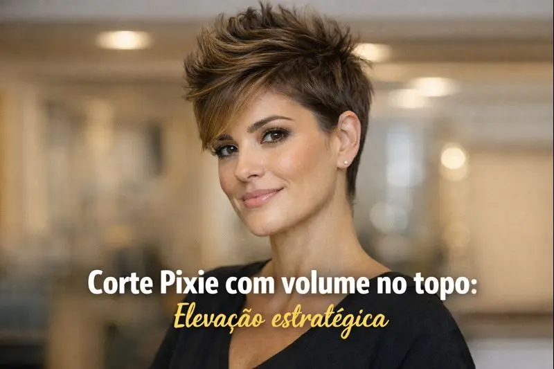 Mulher com corte pixie moderno e volume no topo, mostrando um visual elegante e descomplicado.
