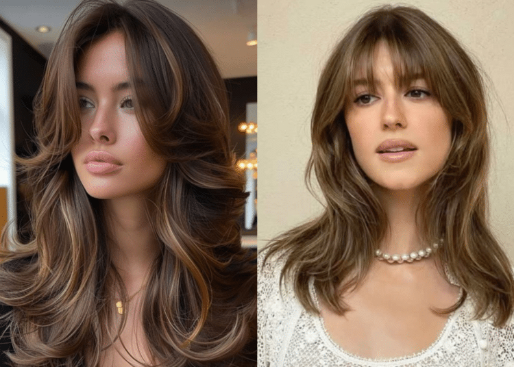 Colagem comparativa de dois cortes de cabelo femininos em tons de castanho iluminado: à esquerda, camadas volumosas com franja lateral; à direita, fios médios desfiados com franja frontal curta e colar de pérolas.