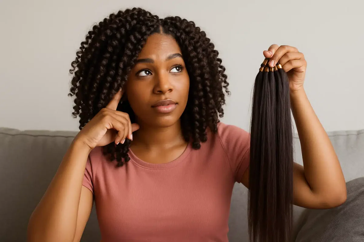 Mulher segurando uma extensão de cabelo liso enquanto pensa