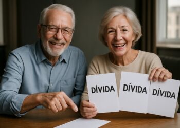 Casal de idosos sorrindo e segurando cartões com a palavra 'dívida'