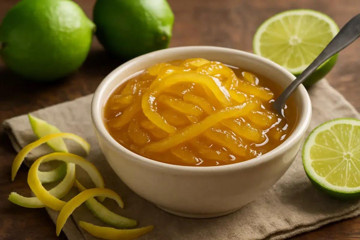 Doce de limão siciliano em tigela com limões ao fundo