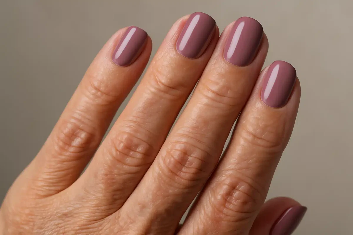 Mão com unhas pintadas de esmalte rosa nude