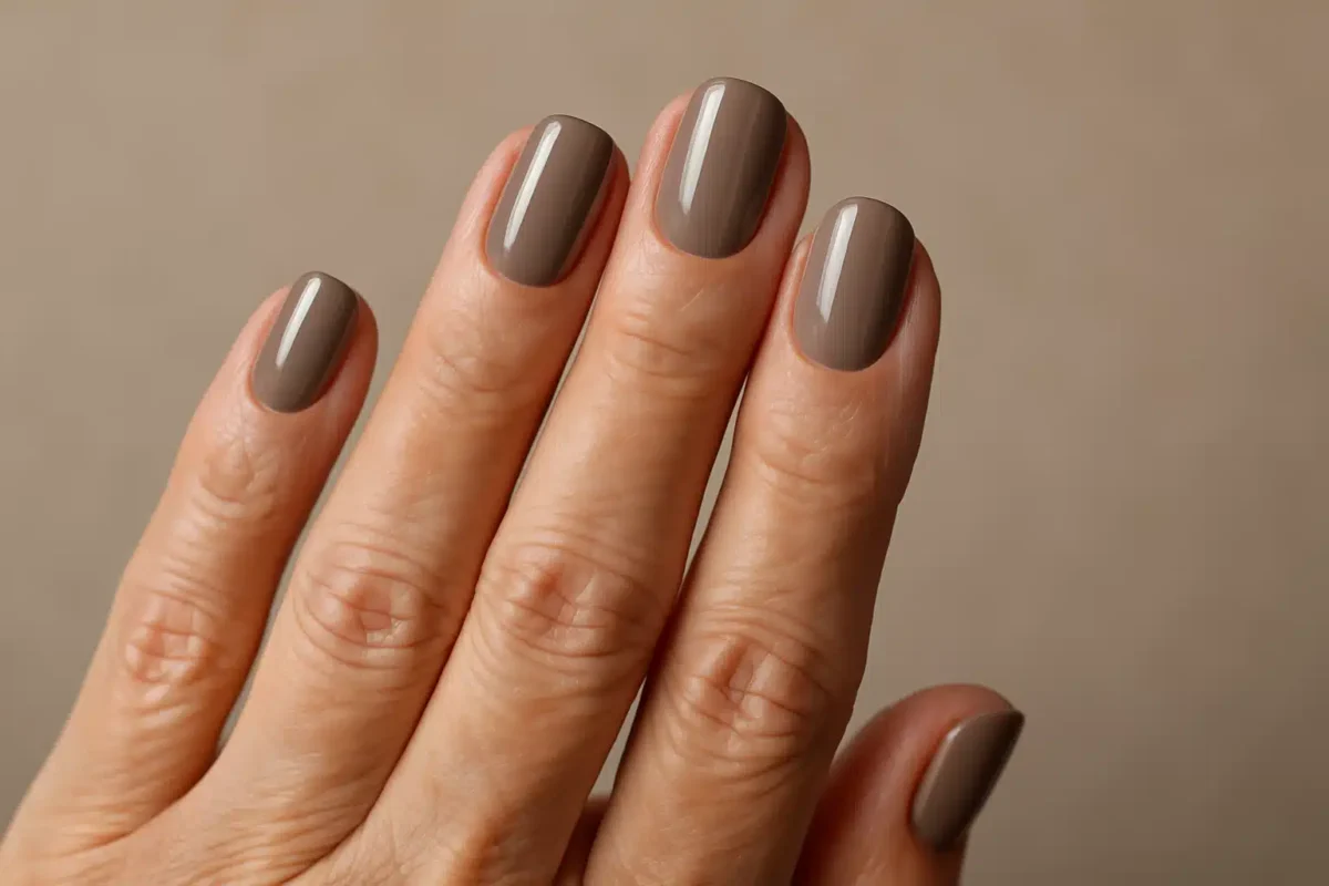 Unhas pintadas com esmalte marrom acinzentado