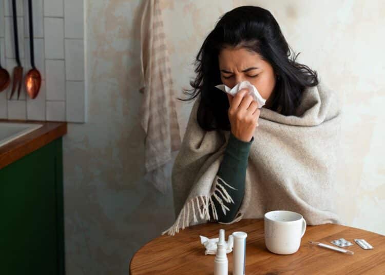 Mulher jovem com expressão de mal-estar, enrolada em um cobertor bege, usando um lenço de papel para assoar o nariz; sobre a mesa branca à sua frente, há uma caneca, um termômetro e um spray nasal.