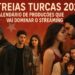 Montagem de personagens de séries turcas com fundo vermelho e texto sobre estreias de 2026