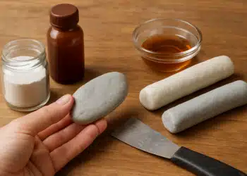 Ingredientes e massa para durepox artesanal sobre mesa de madeira