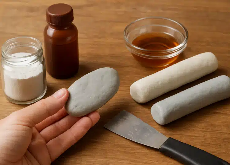 Ingredientes e massa para durepox artesanal sobre mesa de madeira