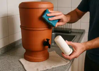 Pessoa limpando filtro de barro de cozinha com esponja e vela cerâmica.