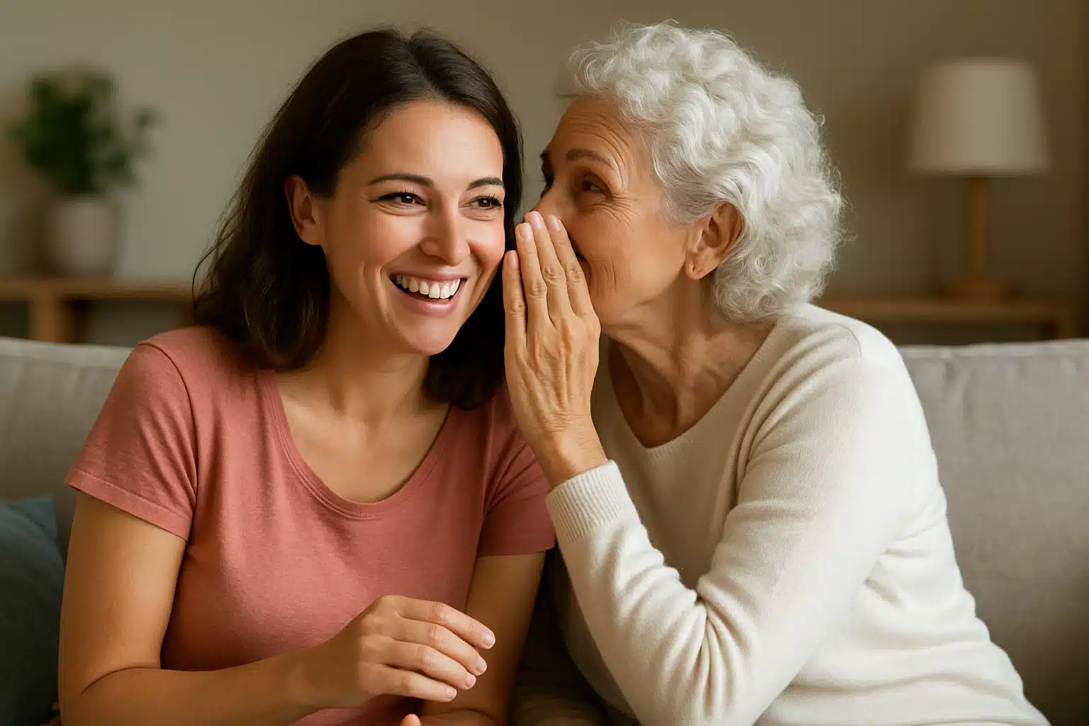 Mulher idosa sussurrando no ouvido de uma mulher mais jovem que sorri
