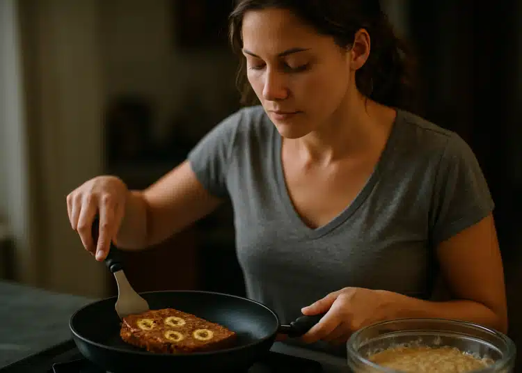 Mulher preparando torrada com banana na frigideira, em ambiente doméstico.