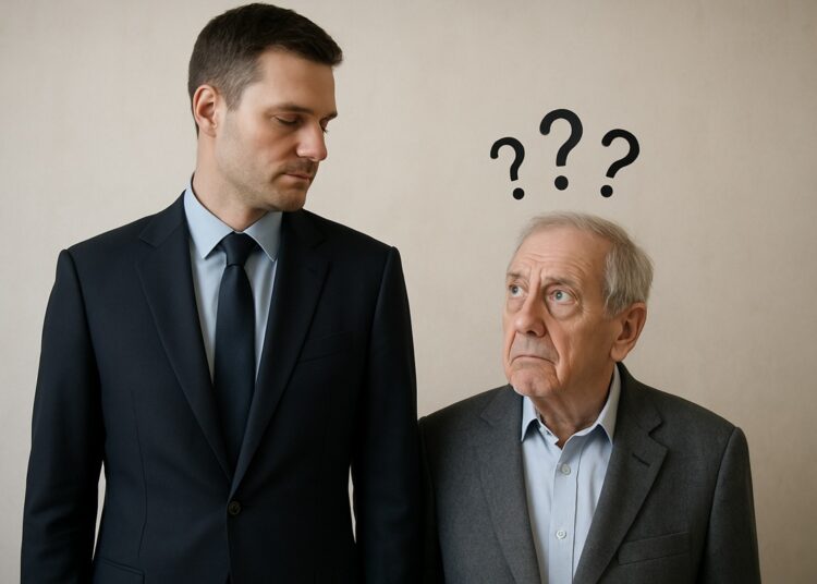 Homem mais jovem e homem mais velho de terno, com pontos de interrogação acima do homem mais velho