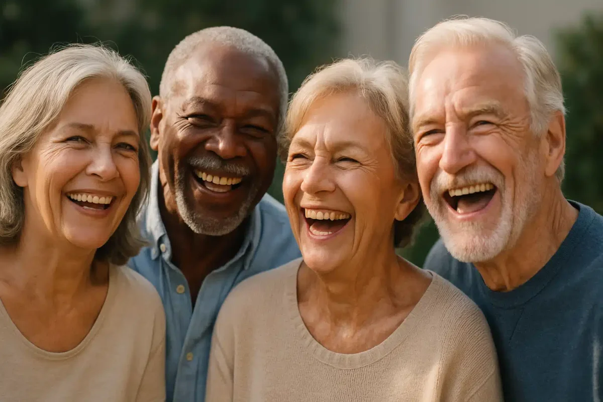 Quatro pessoas idosas sorrindo juntas ao ar livre