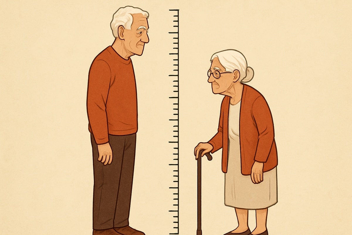 Ilustração de um idoso e uma idosa medindo alturas