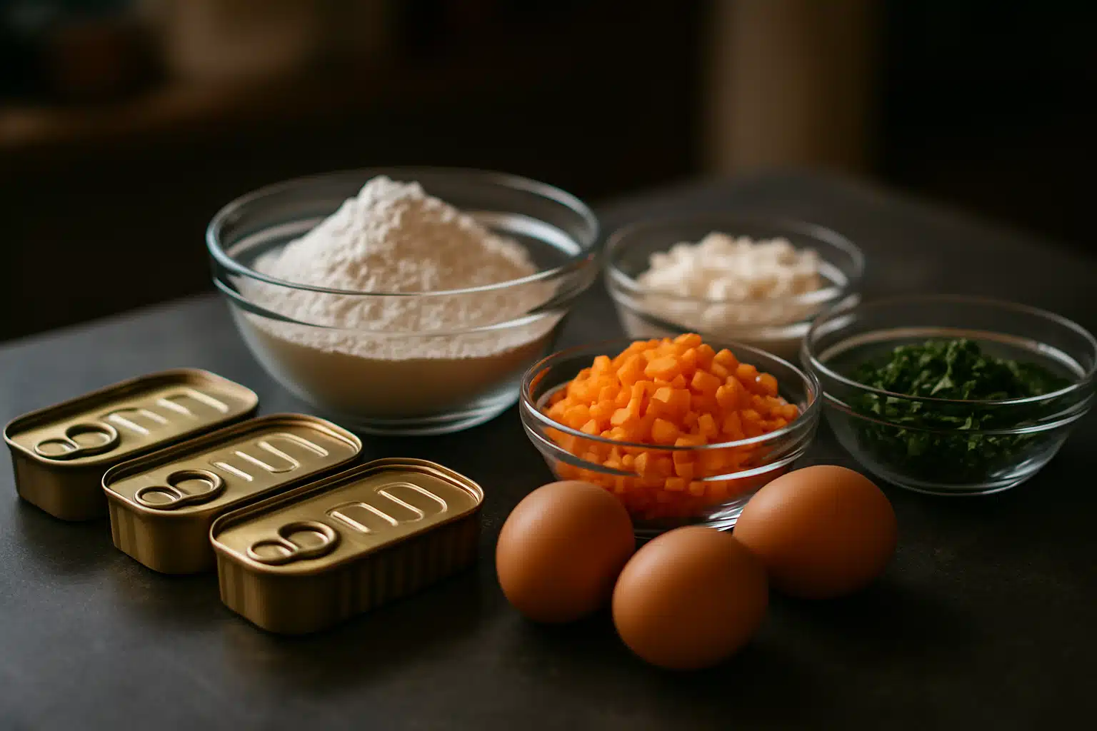 Ingredientes em tigelas de vidro e latas, incluindo ovos, farinha, vegetais picados e conservas.