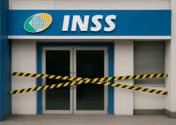 Fachada de agência do INSS fechada com fitas amarelas e pretas de interdição em 2026.