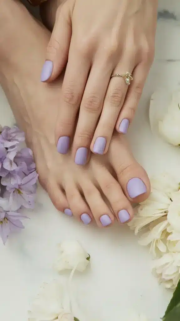 Unhas dos pés e das mãos em tom lavanda pastel com acabamento cremoso e delicado.