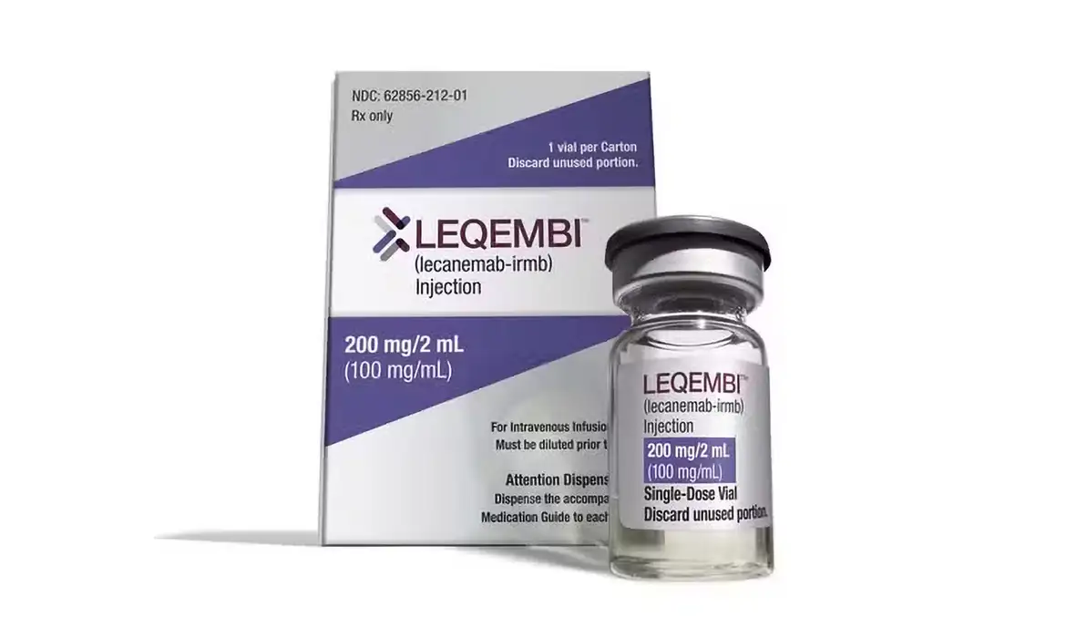 Leqembi injeção 200 mg para tratamento de alzheimer Frasco e embalagem do medicamento Leqembi, injeção de 200 mg/2 mL para uso intravenoso.