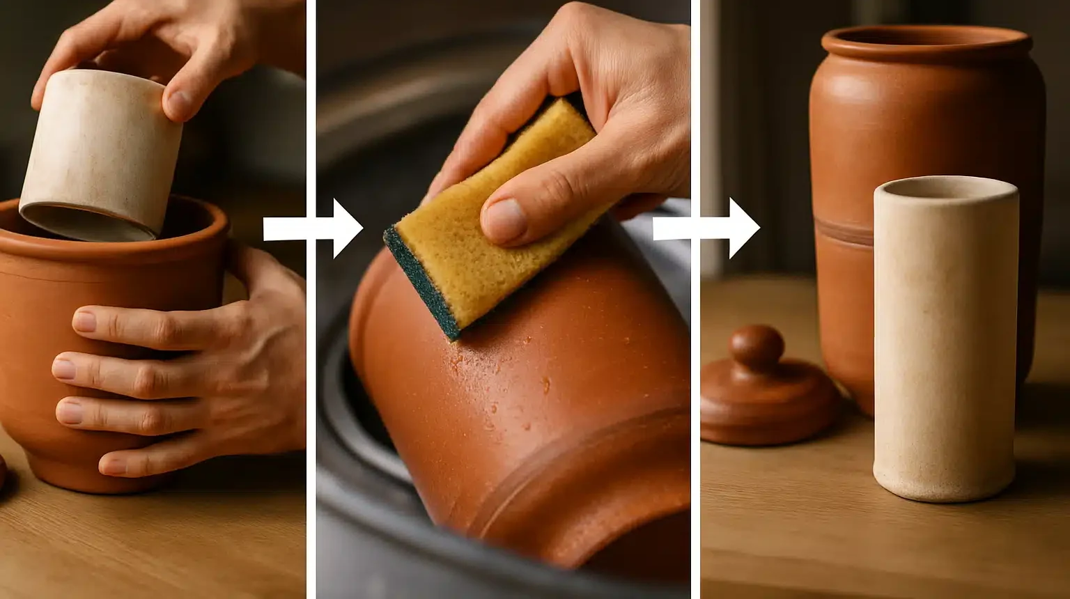 Passos de desmontagem, lavagem com esponja e secagem de filtro de barro.