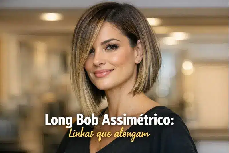 Imagem de uma mulher com cabelo estilizado em um long bob assimétrico, com a parte da frente mais longa, mostrando um visual moderno e elegante.