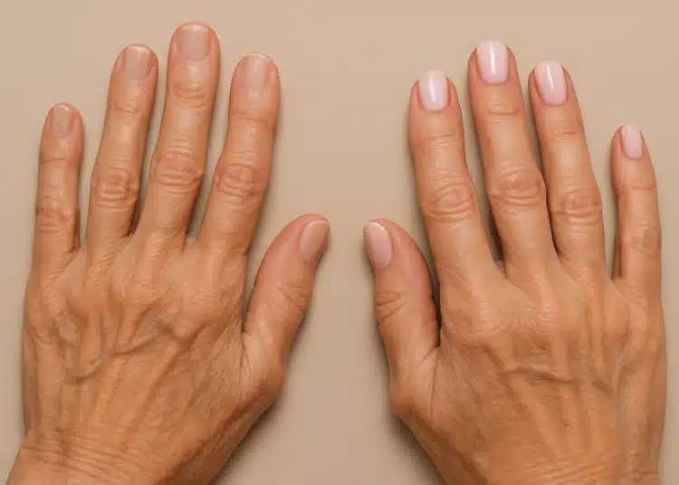 Mãos femininas com unhas naturais e unhas pintadas com esmalte nude