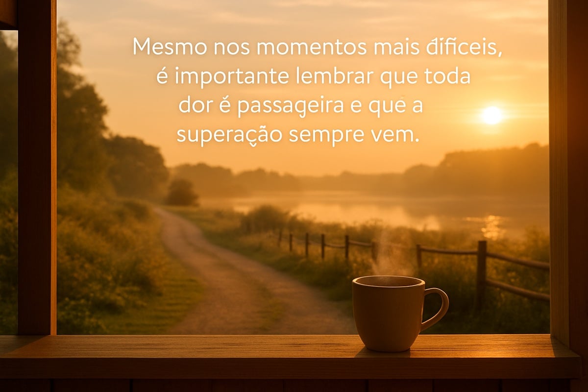 Imagem de amanhecer com xícara na janela e frase sobre superação e dor passageira