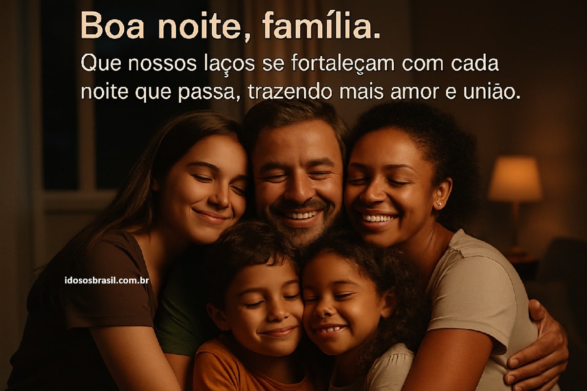 Família sorrindo e se abraçando com mensagem de boa noite