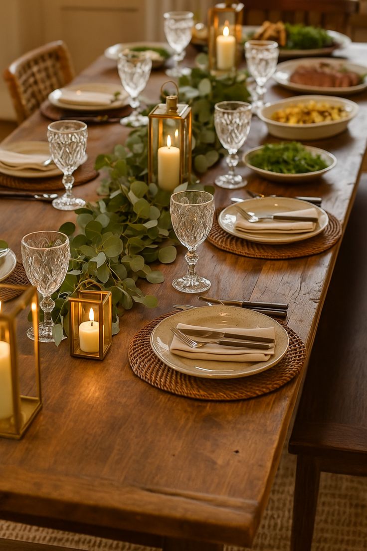 Mesa de jantar rústica posta com sousplat de fibras, pratos, taças e velas acesas