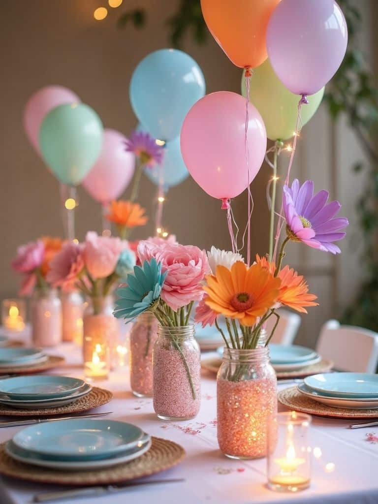 Mesa de festa com balões coloridos, flores em potes de vidro, velas e pratos arrumados