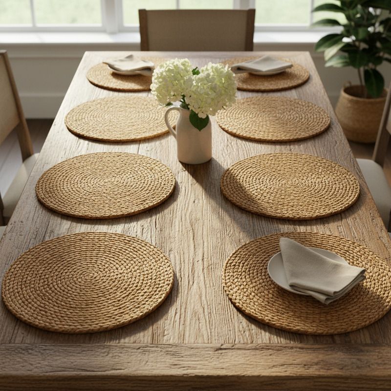 Mesa de madeira clara com oito sousplats de fibra natural, pratos e guardanapos claros