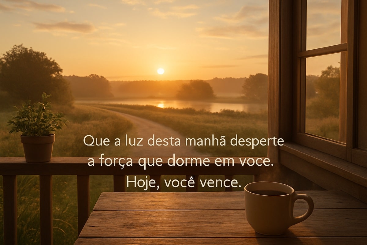 Imagem de nascer do sol com frase motivacional sobre vencer o dia
