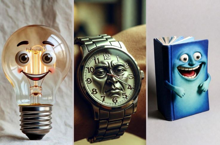 Lâmpada sorridente, relógio de pulso com rosto expressivo e livro azul animado, todos em estilo cartoon, com olhos grandes e expressões alegres