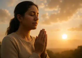 Mulher meditando ou orando ao entardecer