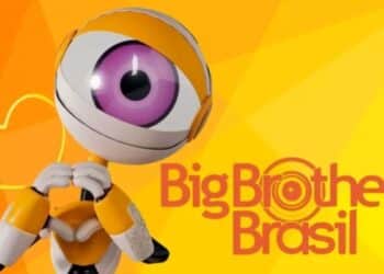 Ilustração do mascote RoBBB, um robô branco e amarelo com um grande olho lilás, fazendo um coração com as mãos ao lado do logotipo oficial do Big Brother Brasil em letras vermelhas e amarelas.