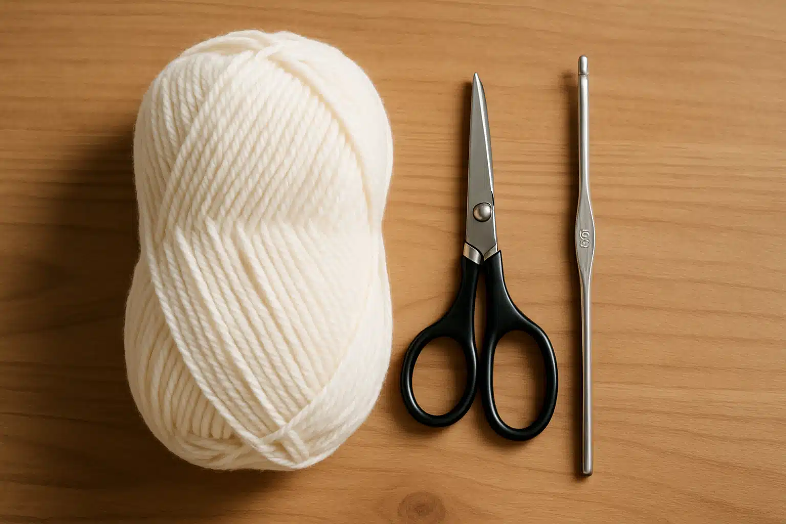 Novelo de lã branca, tesoura preta e agulha de crochê sobre mesa de madeira