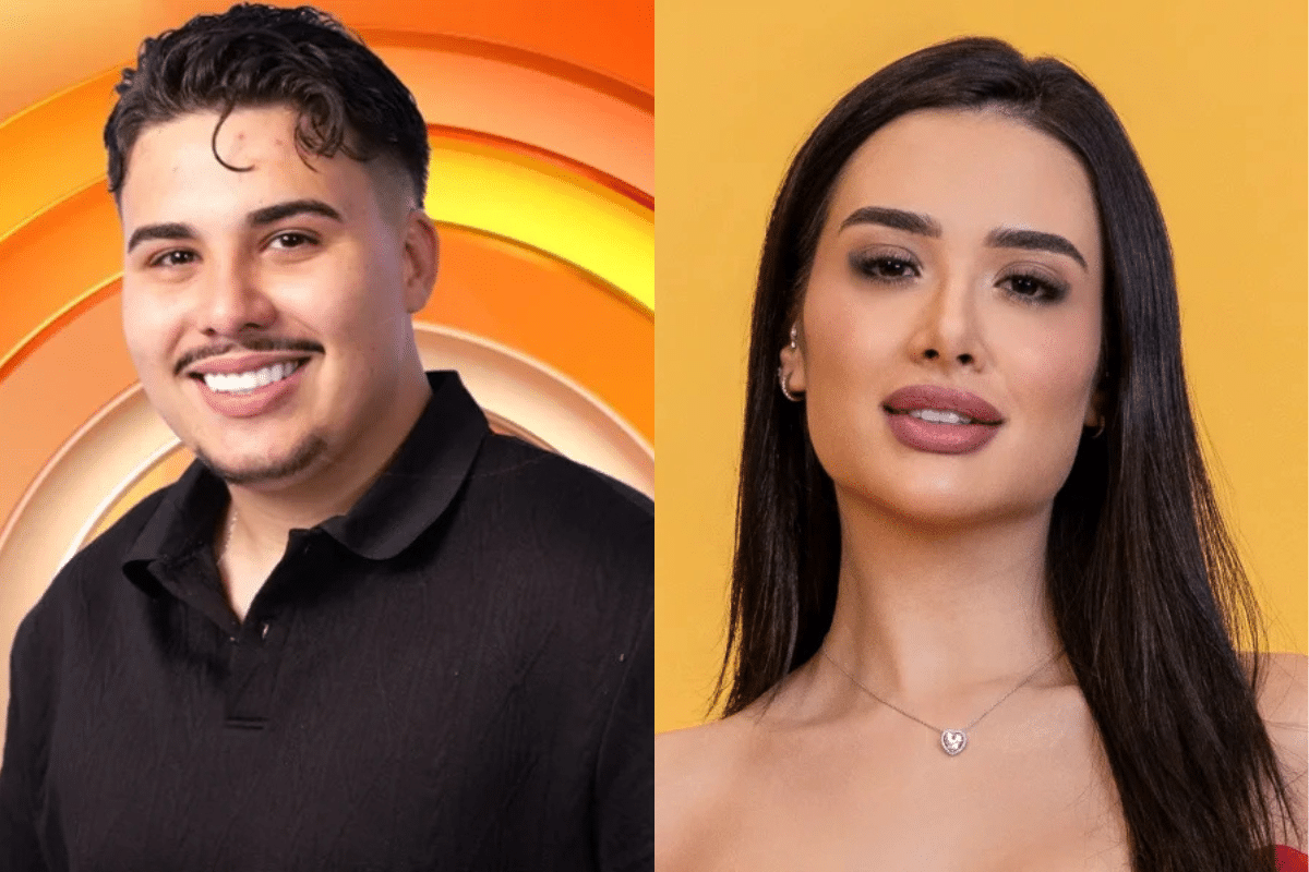 Montagem dividida ao meio mostrando, à esquerda, Pedro sorrindo com fundo laranja e, à direita, Jordana com expressão neutra sobre fundo amarelo.