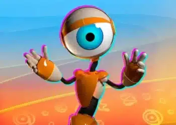 Robô laranja com um grande olho azul, mascote do BBB, fundo colorido