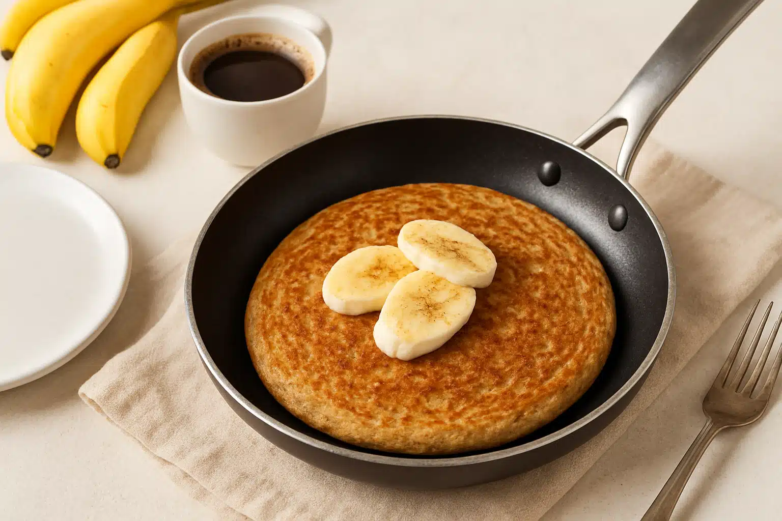 Panqueca de banana em frigideira, com rodelas de banana, ao lado de café.