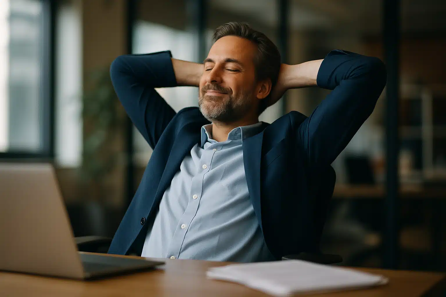 Homem de terno relaxando na cadeira do escritório, sorrindo satisfeito.