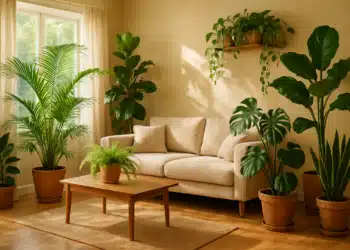 Sala de estar iluminada com sofá bege e várias plantas em vasos