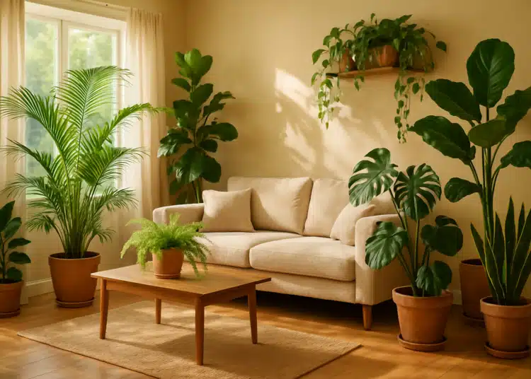 Sala de estar iluminada com sofá bege e várias plantas em vasos