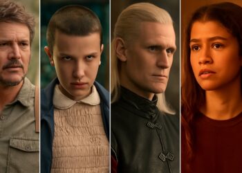 Quatro personagens famosos de séries de TV, posicionados lado a lado