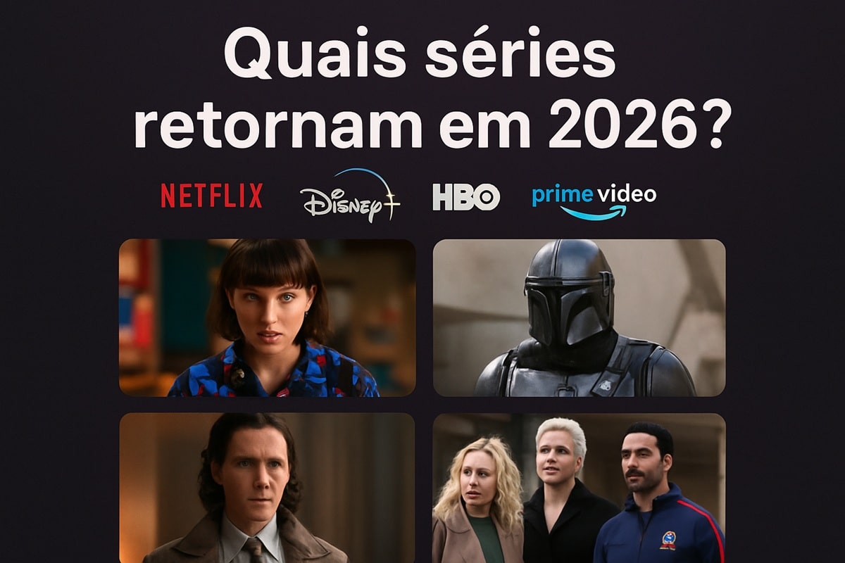 Montagem mostra personagens de séries populares e logos da Netflix, Disney+, HBO e Prime Video com a frase 'Quais séries retornam em 2026?'
