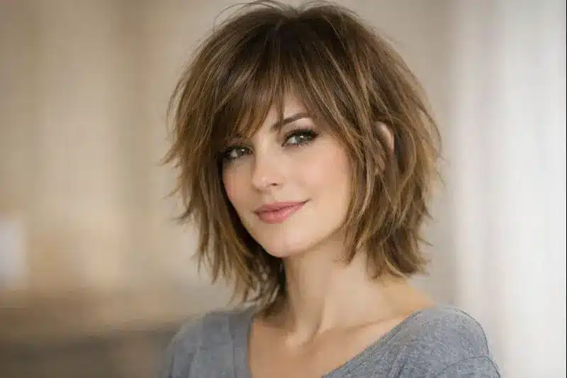 Mulher com corte shaggy e franja desfiada, com um visual moderno e despojado.