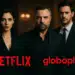 Três pessoas vestidas com roupas formais olhando seriamente para a câmera, com logotipos da Netflix e Globoplay.