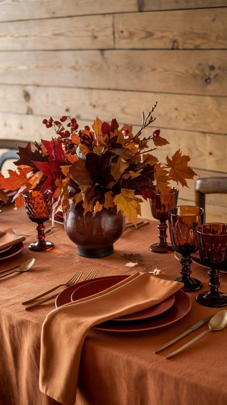 Mesa de jantar decorada com tons terrosos, louça marrom e arranjo de folhas outonais