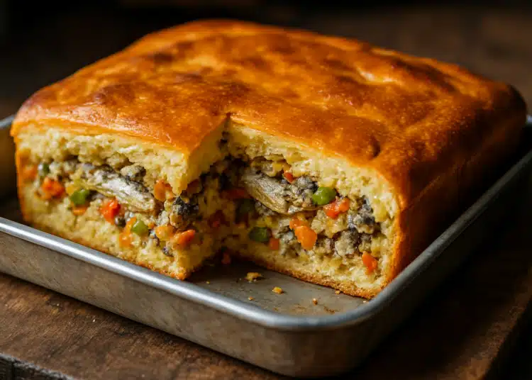 Torta de sardinha assada, recheada com legumes e massa dourada, em forma retangular.
