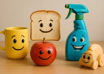 Itens diversos com rostos sorridentes desenhados, incluindo caneca, maçã, pão, borrifador e carrinho